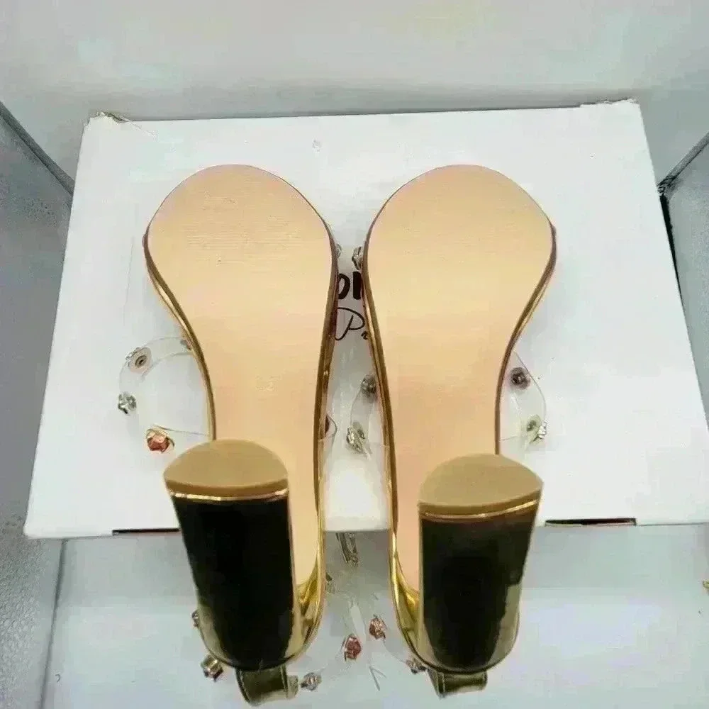 NEW IN BOX Lemon Drop by Privilege Strappy Gold Sandals 6.5 High Heel W/Stones - Picture 6 of 16
